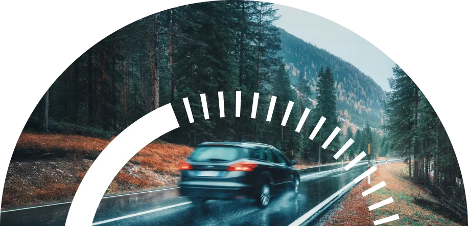 A hatchback driving through a forest on a wet road